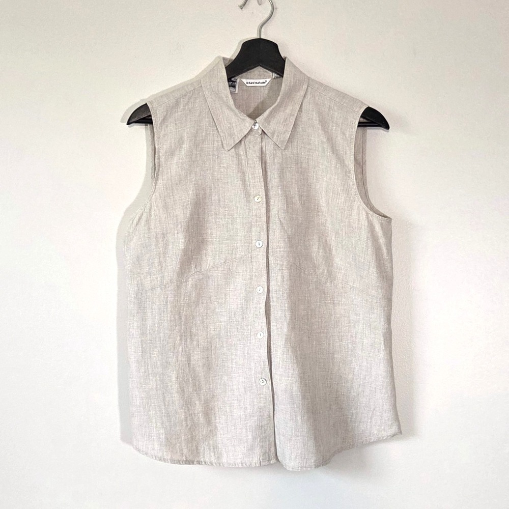 Richard Malcolm 100% Irish Linen Sleeveless Polo Button Blouse Oatmeal Sz L